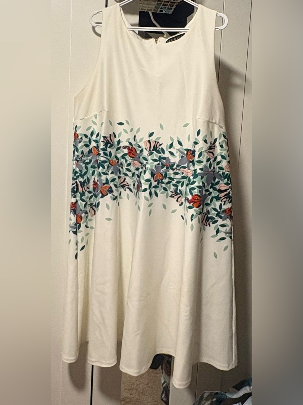 Eloquii Cream A-Line Dress with Green Leaf and Coral Floral Border